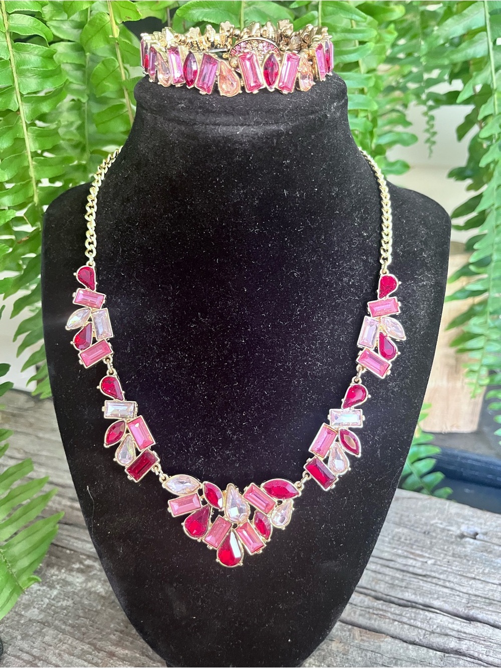 4 Pc Pink Rhinestone Statement Jewelry Set Necklace Bracelet Earrings Ring